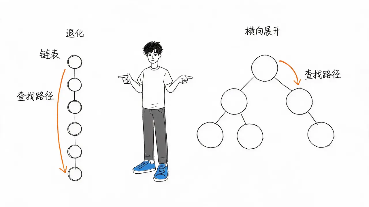 二叉树退化与平衡对比