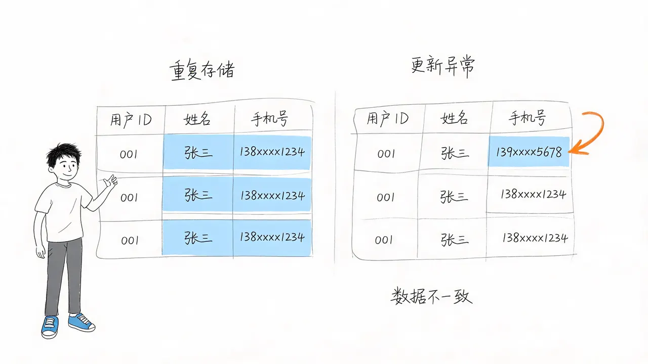 单表设计的缺陷:数据冗余与更新异常